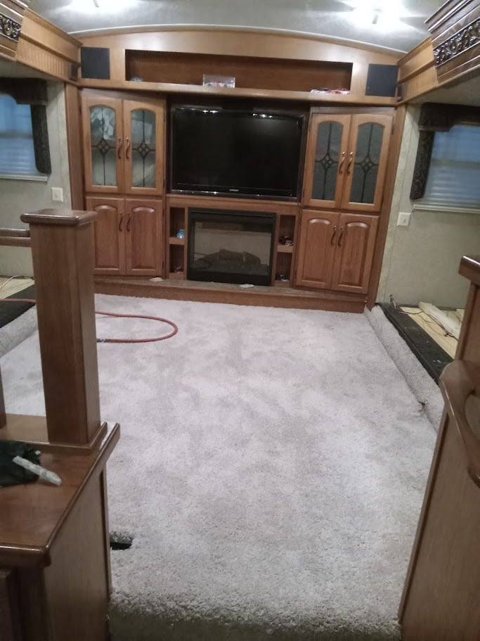 RV Floor Replacement Gray Carpet with TV stand